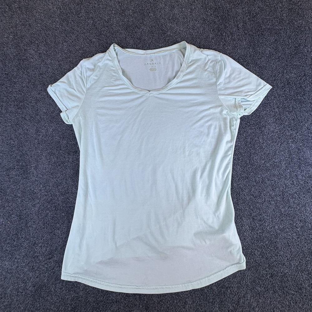 Danskin T-Shirt Womens Large Light Mint Green Logo Stretch V-Neck Activewear